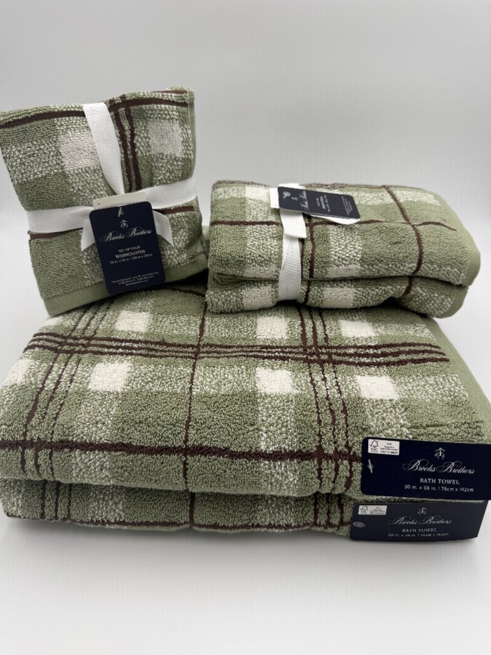Brooks Brothers 8 Pc Bath Towel Set Sage Green Plaid 100% Cotton NWT